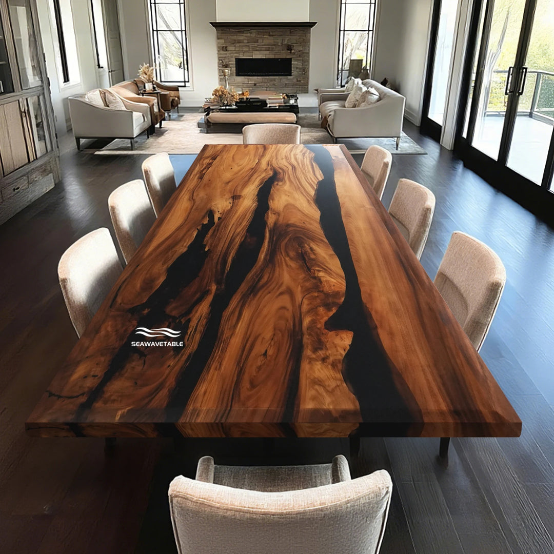Seawavetable- custom walnut black resin table beveled edge luxury dining table