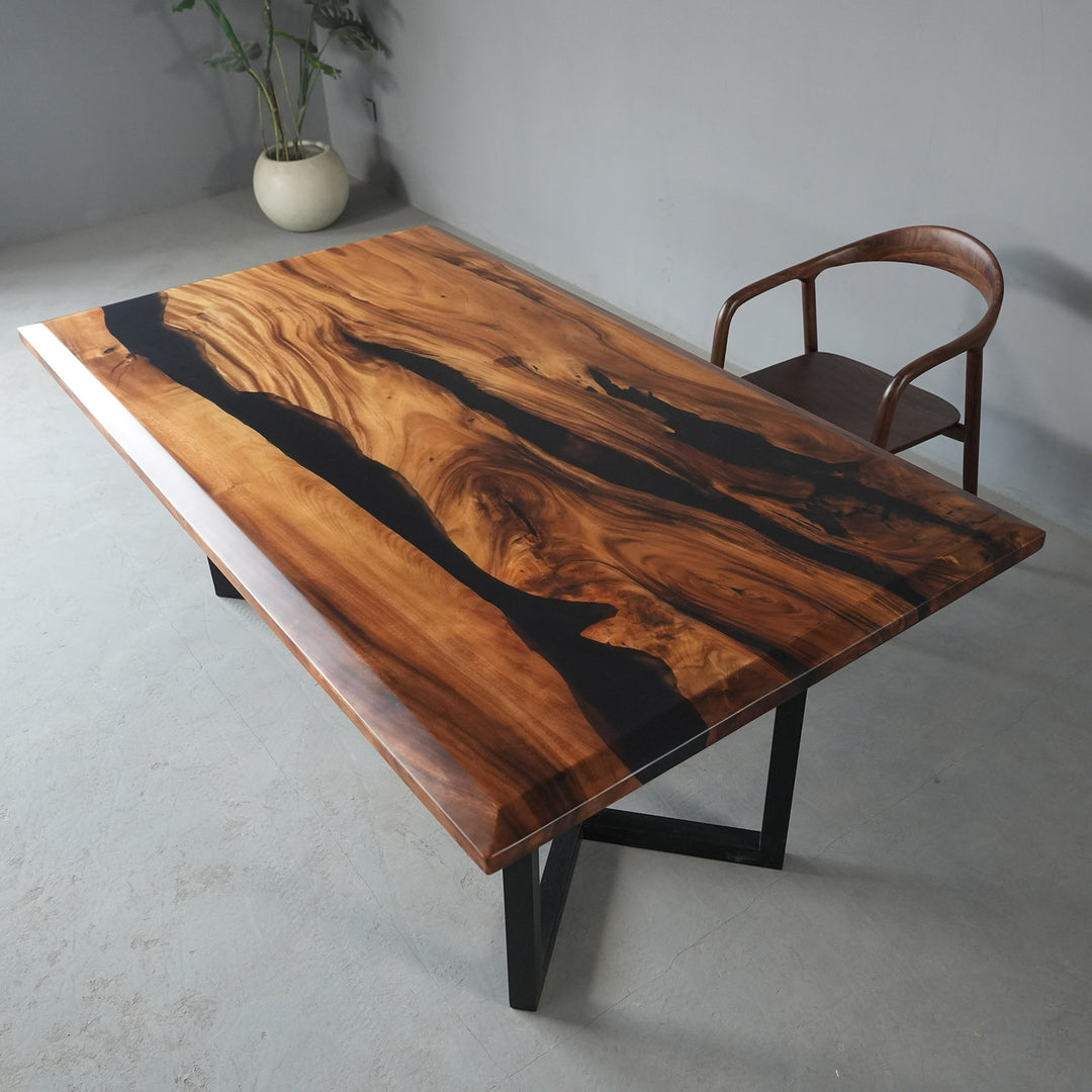 Seawavetable- matte walnut dining table black resin channel contemporary river design