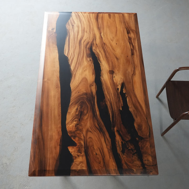 Seawavetable- walnut black epoxy river table angled cut edge modern dining room table