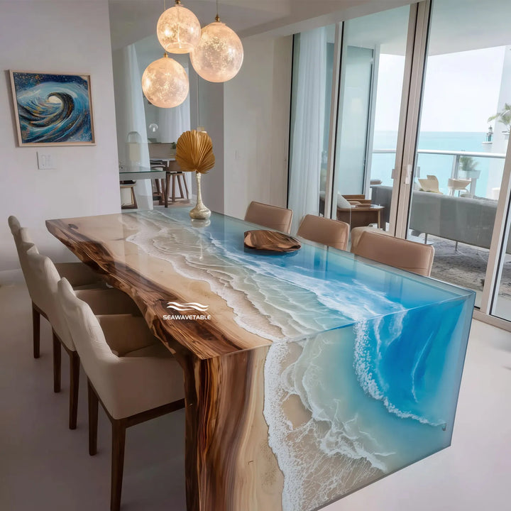 Seawavetable-Live Edge Walnut Ocean Blue Gradient Epoxy Waterfall Table High Gloss Resin Dining Table