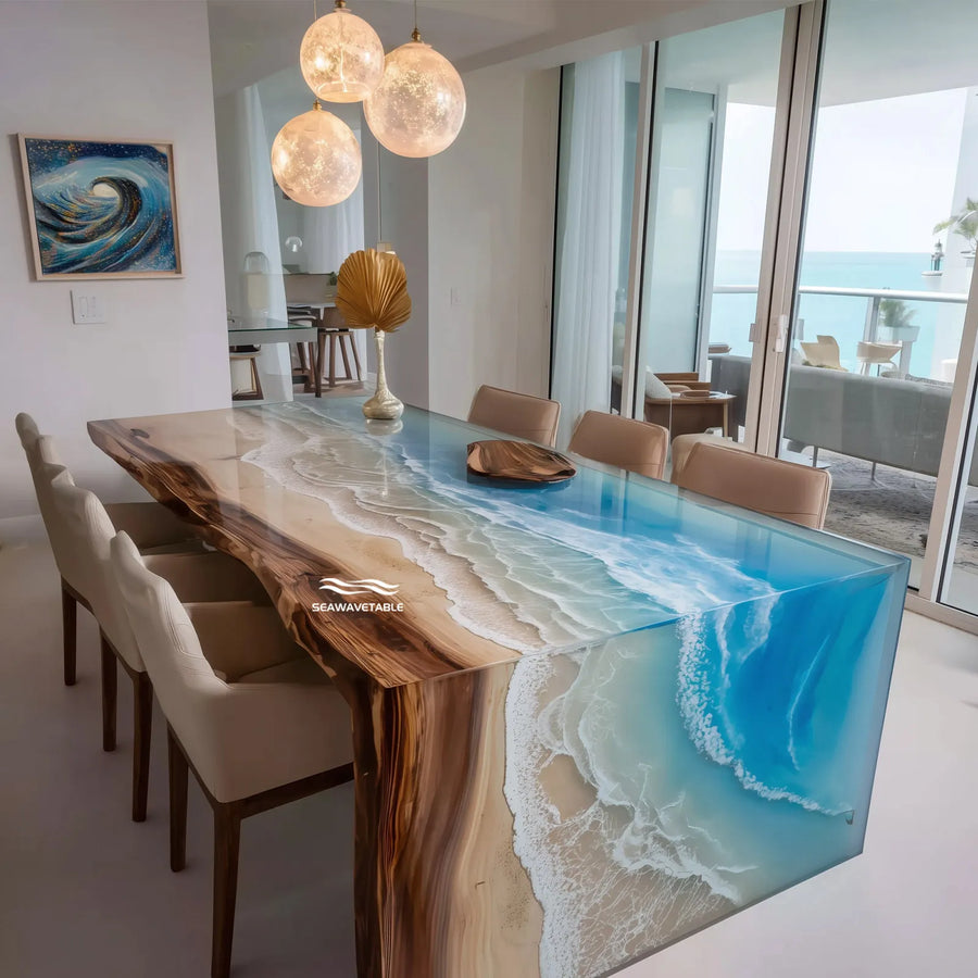 Seawavetable-Live Edge Walnut Ocean Blue Gradient Epoxy Waterfall Table High Gloss Resin Dining Table