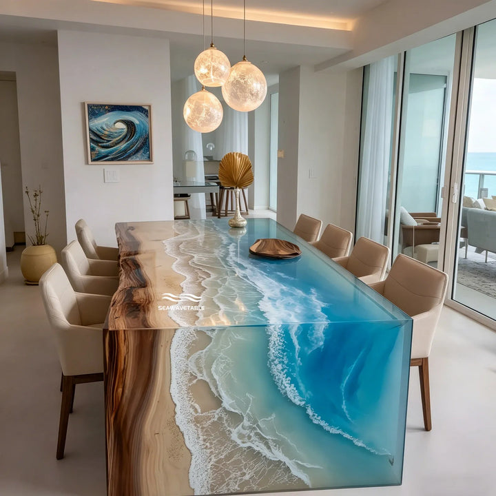 Seawavetable-Luxury Live Edge Walnut Waterfall Epoxy Table Blue Ocean Gradient Resin Art Table