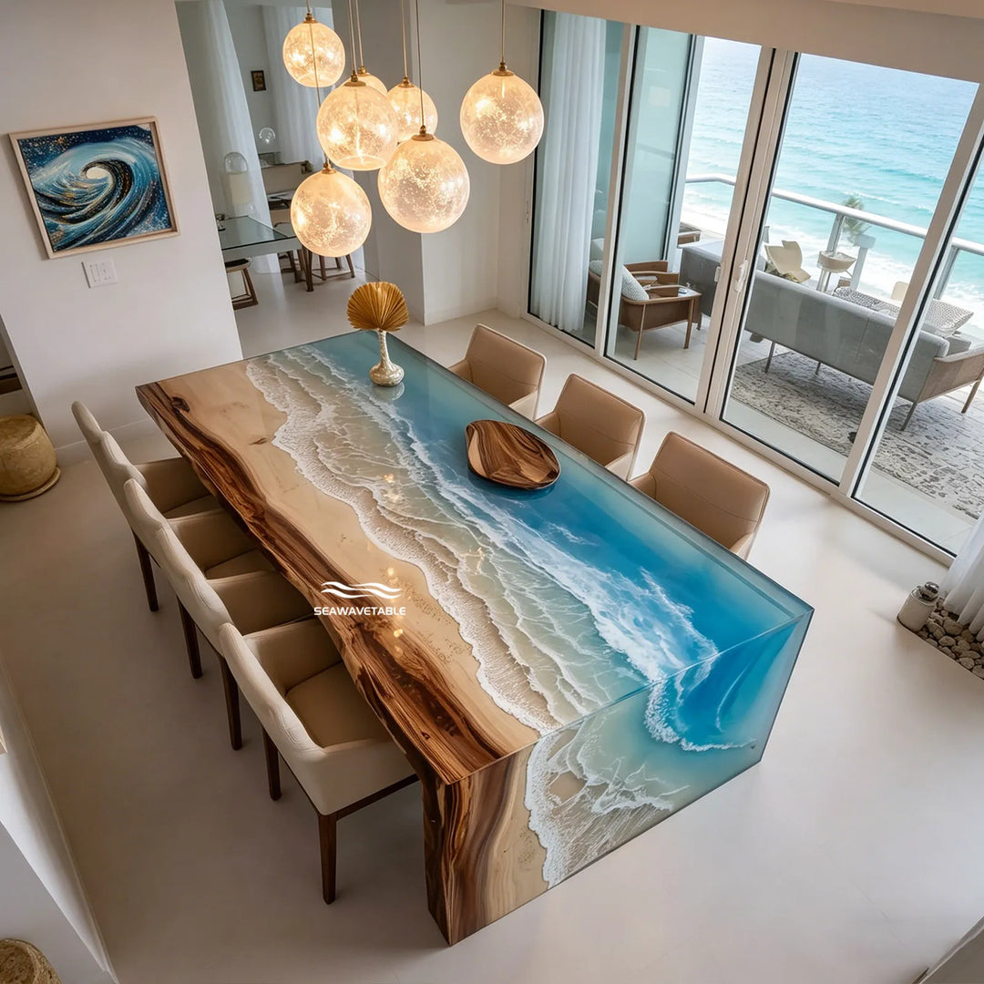 Seawavetable-Handmade Blue Ocean Epoxy Waterfall Table with Live Edge Walnut Wood High Gloss Finish