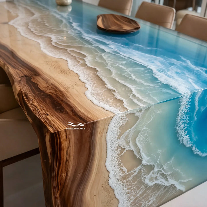 Seawavetable-Custom Walnut Blue Ocean Epoxy Waterfall Dining Table High Gloss Live Edge Resin Table