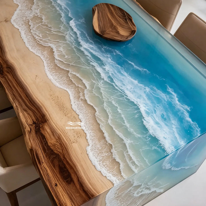 Seawavetable-Live Edge Walnut Wood Blue Ocean Epoxy Resin Waterfall Table High Gloss Art Dining Table