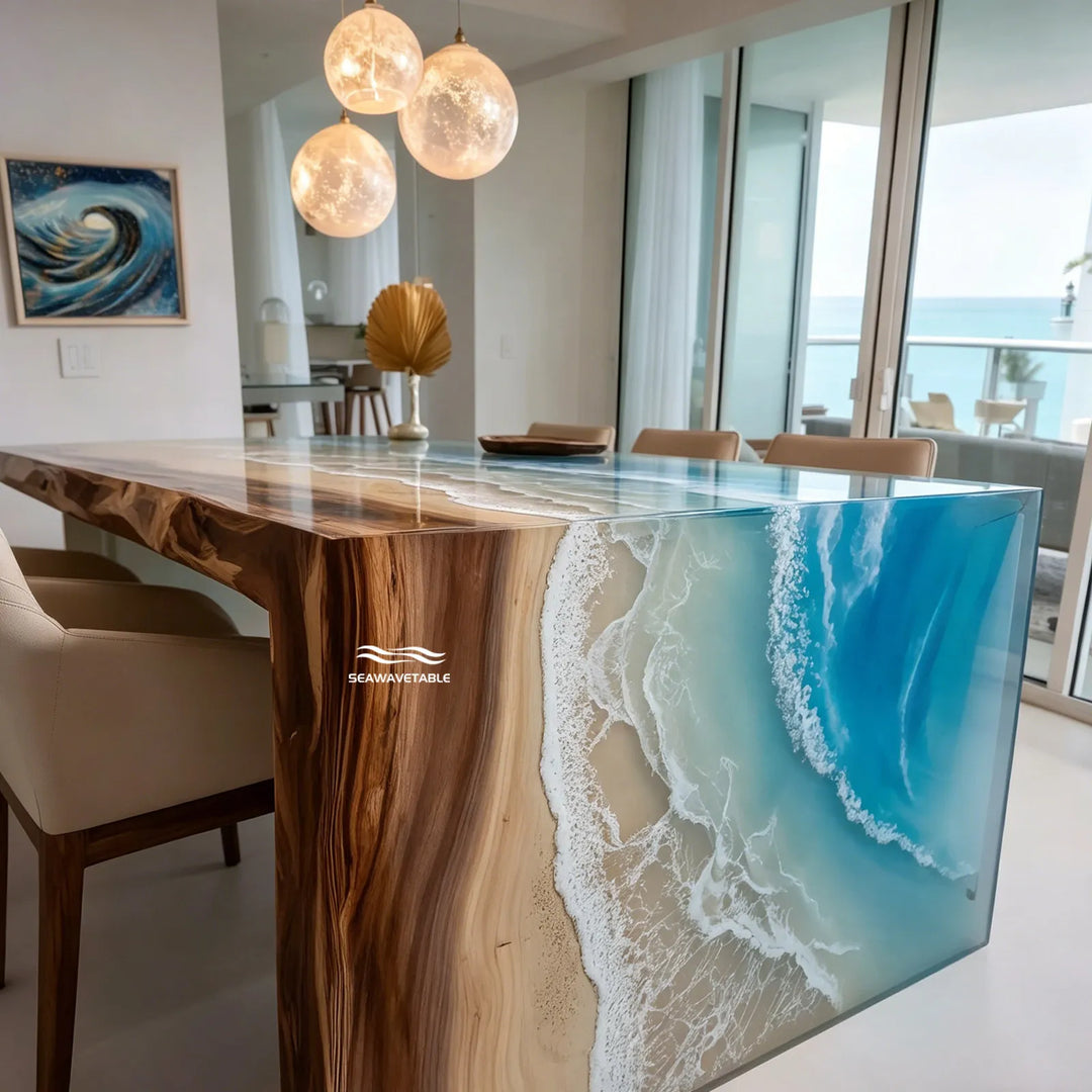Seawavetable-High Gloss Live Edge Walnut Waterfall Table Blue Ocean Gradient Epoxy Resin Center Table