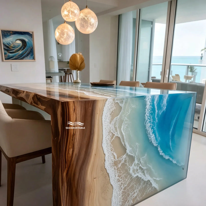Seawavetable-High Gloss Live Edge Walnut Waterfall Table Blue Ocean Gradient Epoxy Resin Center Table
