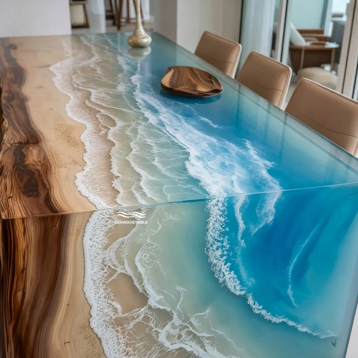 Seawavetable-Modern Walnut Blue Epoxy Waterfall Table Custom Ocean Resin Dining Furniture
