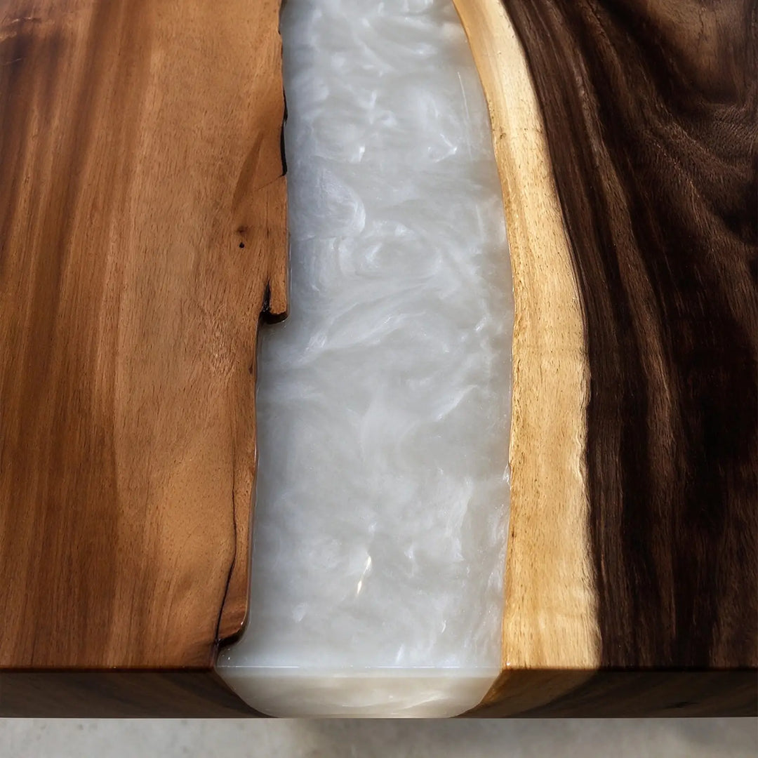 Seawavetable-Unique straight edge river table walnut and multi-layer white swirl epoxy