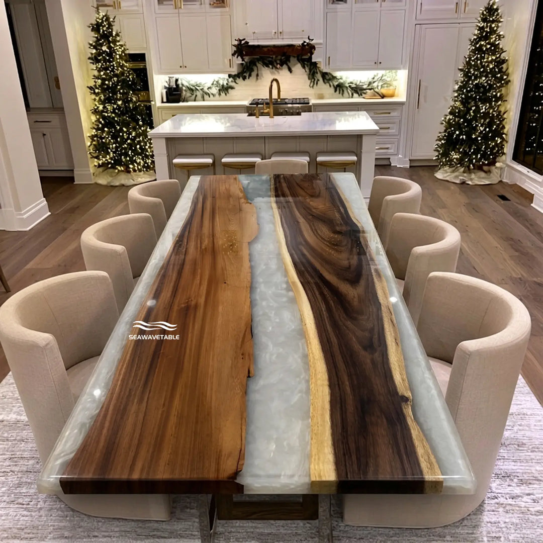 Seawavetable-Walnut straight edge dining table white swirl layered epoxy matte finish in stock