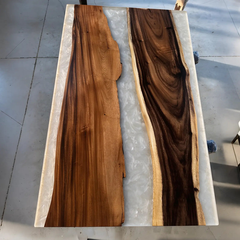 Seawavetable-Solid walnut epoxy river table with white textured base resin and clear top layer