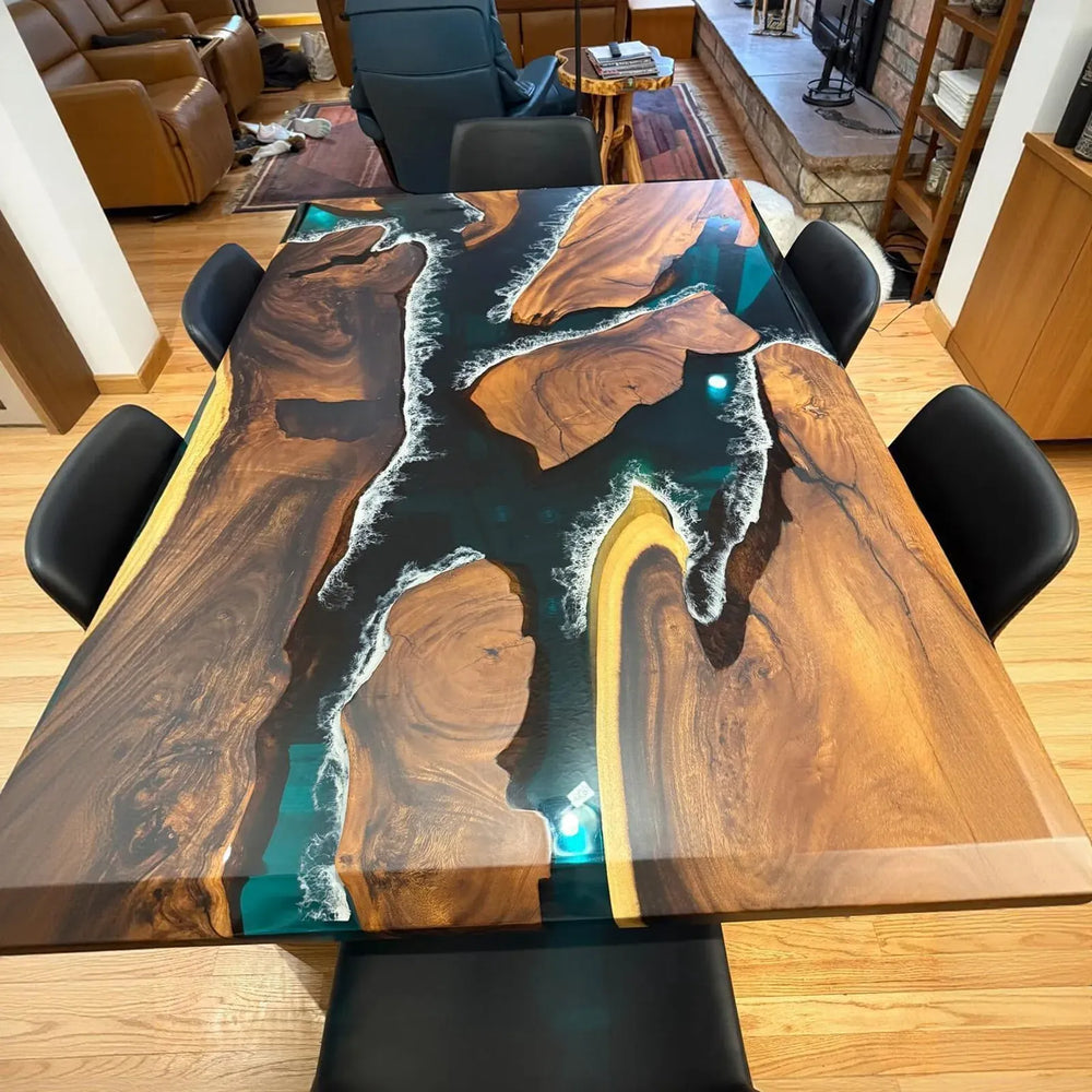 Seawavetable-custom walnut resin dining table Camas WA family dining setup warm natural lighting and elegant bevel edge design