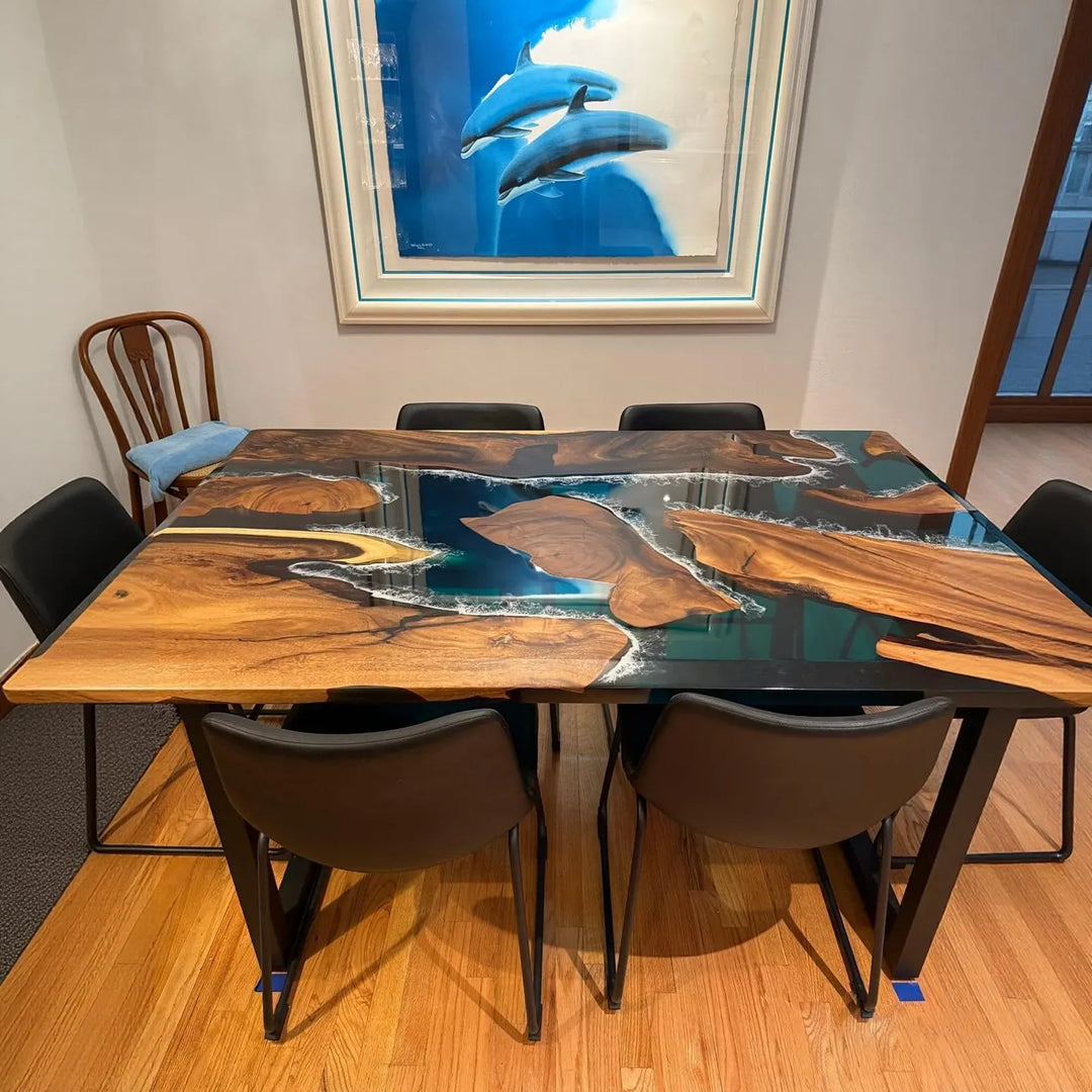 Seawavetable-handcrafted walnut resin dining table reflective gloss finish combined with matte wood texture ideal for family gatherings