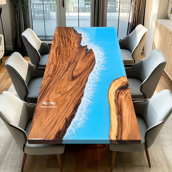 Seawavetable-Walnut wood epoxy table with blue ocean resin design