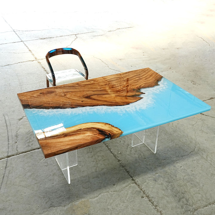 Seawavetable-Elegant walnut and resin dining table with water effect