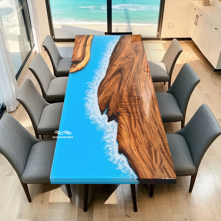 Seawavetable-Blue epoxy dining table with natural walnut grain