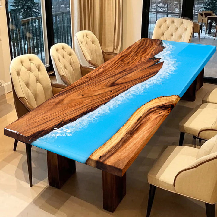 Seawavetable-walnut and resin dining table with glossy finish