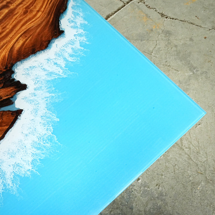 Seawavetable-Epoxy river table featuring live grain walnut and ocean tones