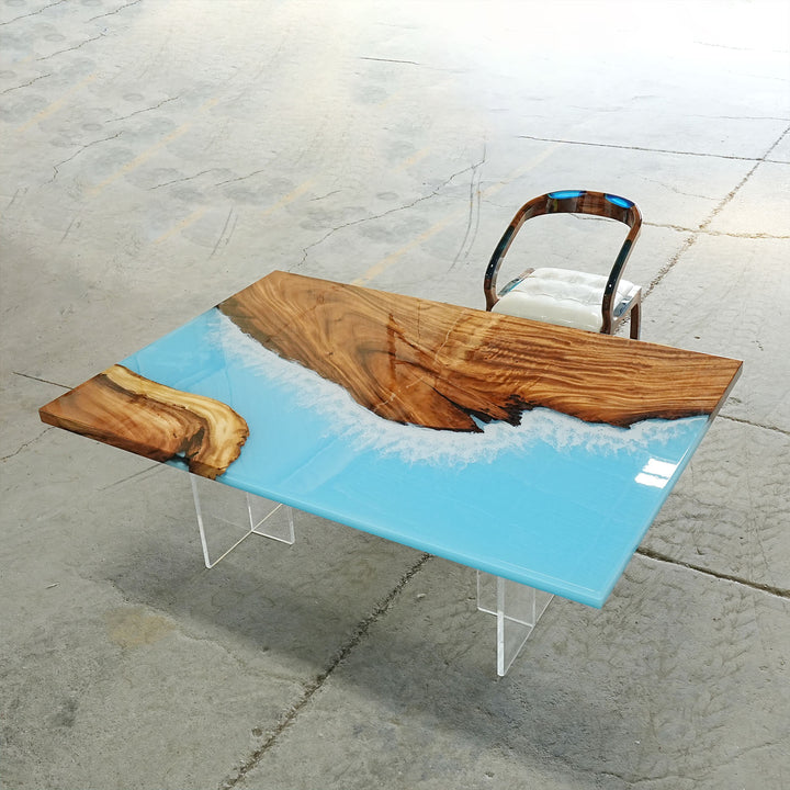 Seawavetable-Glossy epoxy and walnut wood dining centerpiece