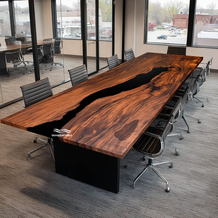 Seawavetable-elegant walnut wood epoxy table, rectangular shape, full matte finish.