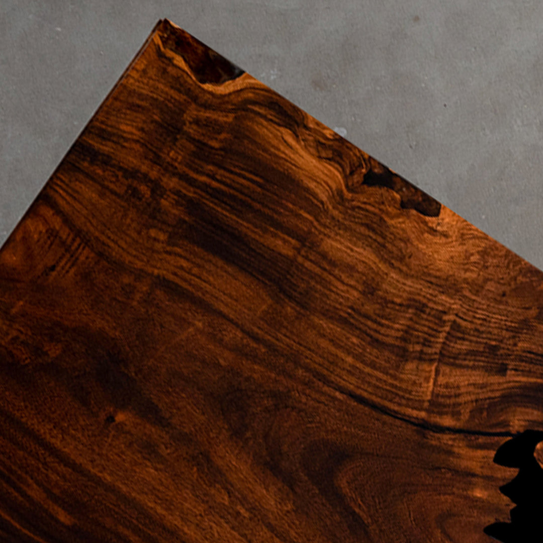 Seawavetable-custom epoxy wood table showing resin color and edge detail options.