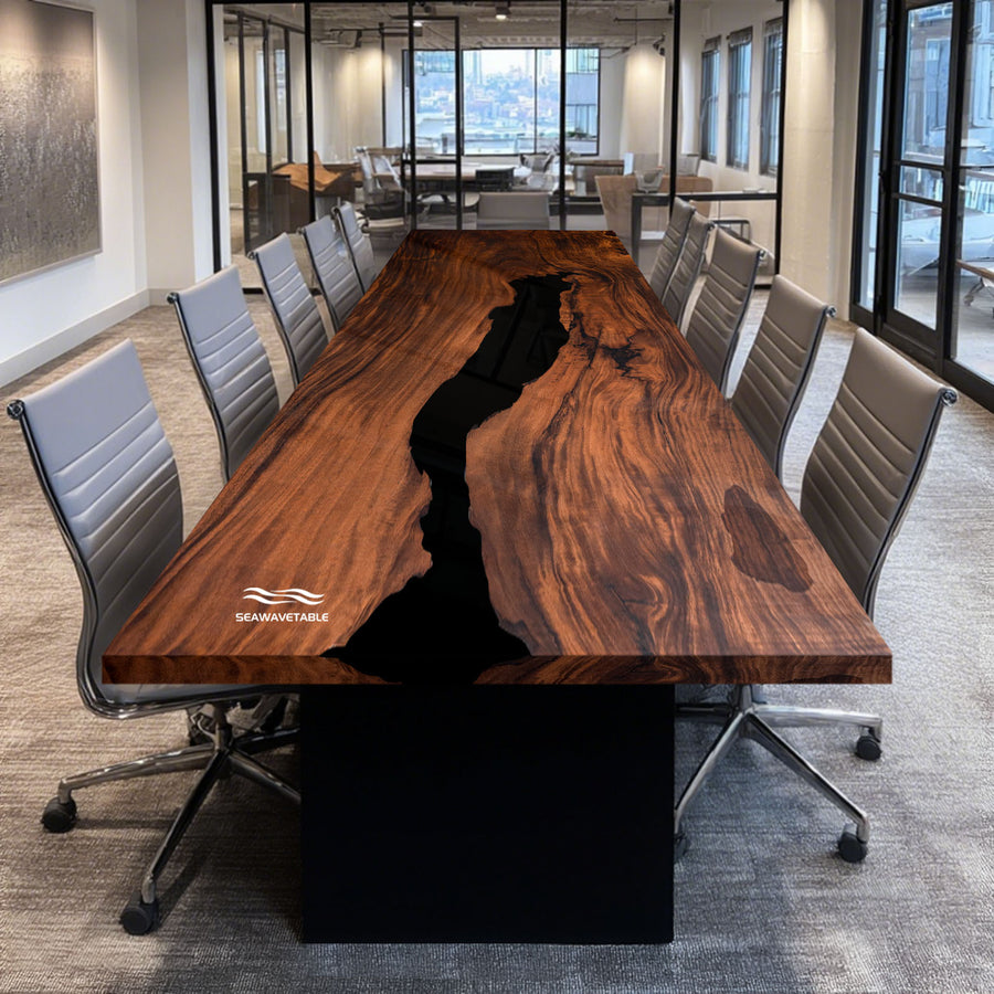 Seawavetable-straight-edge walnut wood epoxy table with matte finish, perfect as a conference table.