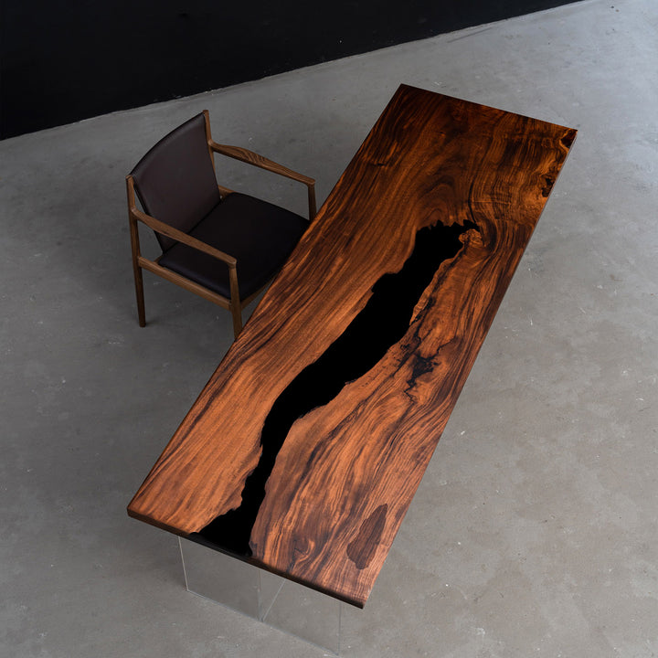 Seawavetable-custom epoxy wood table with free metal legs and straight edges.