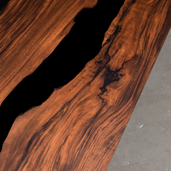 Seawavetable-luxury epoxy wood table with straight edges and matte walnut wood finish.