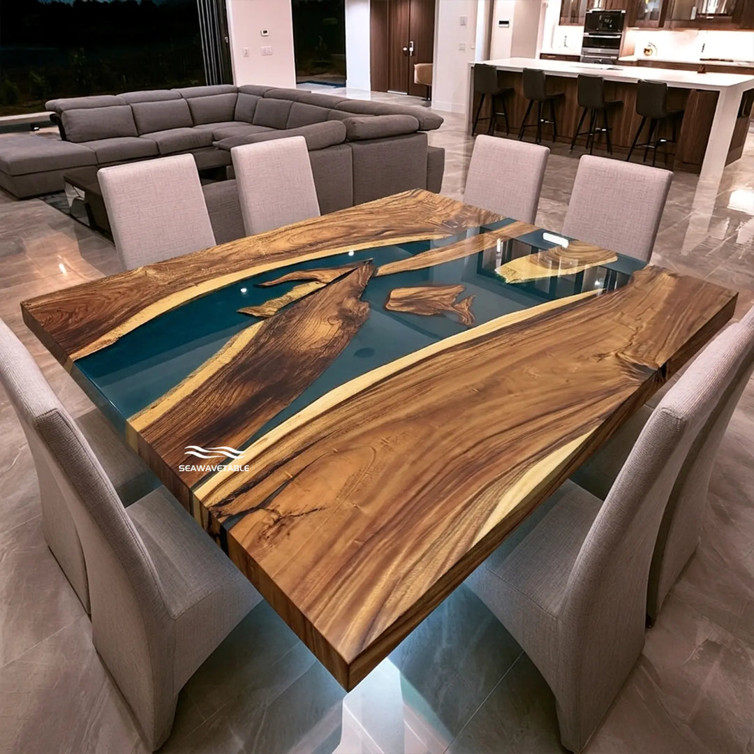 Seawavetable-Handcrafted walnut epoxy dining table contrasting matte wood and glossy blue resin