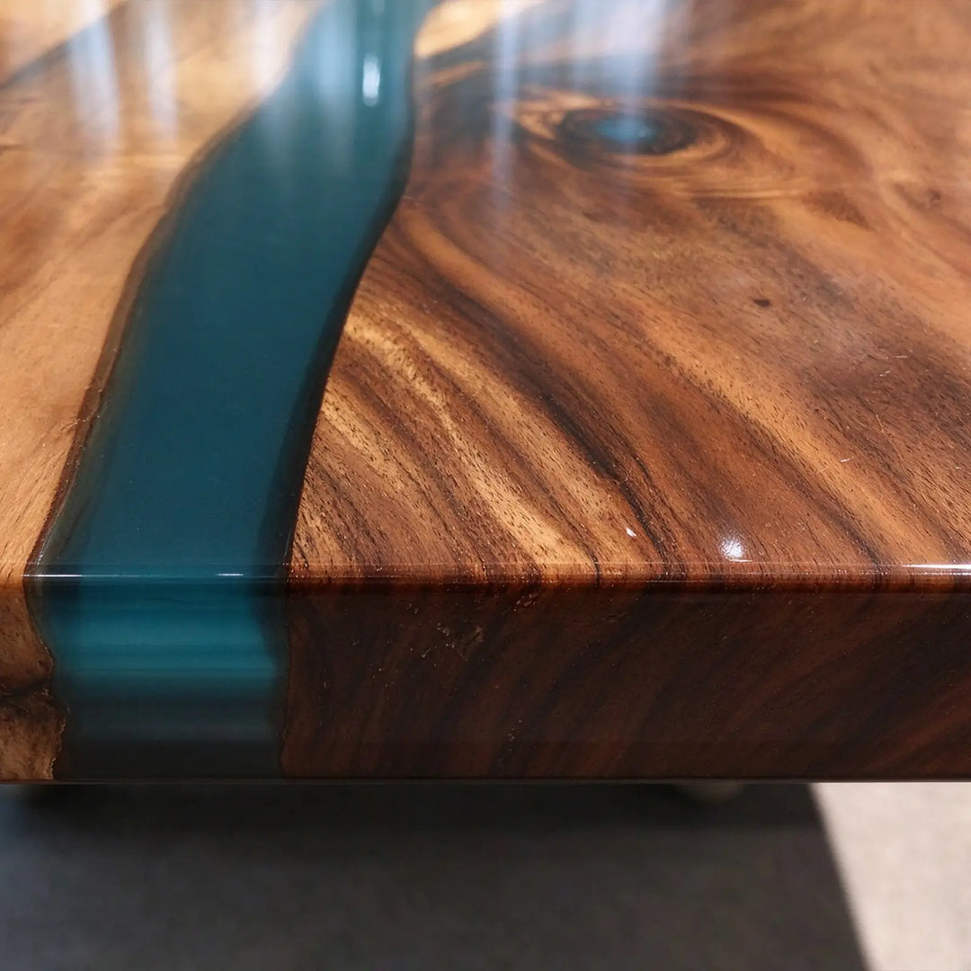 Seawavetable-Tactile matte walnut surface paired with reflective glossy deep blue resin