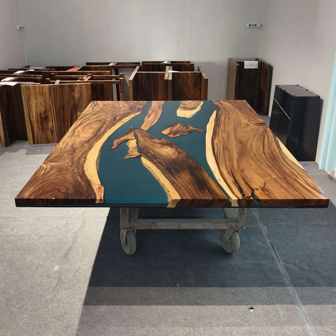 Seawavetable-Large family size walnut dining table deep blue epoxy inlay for open plan home