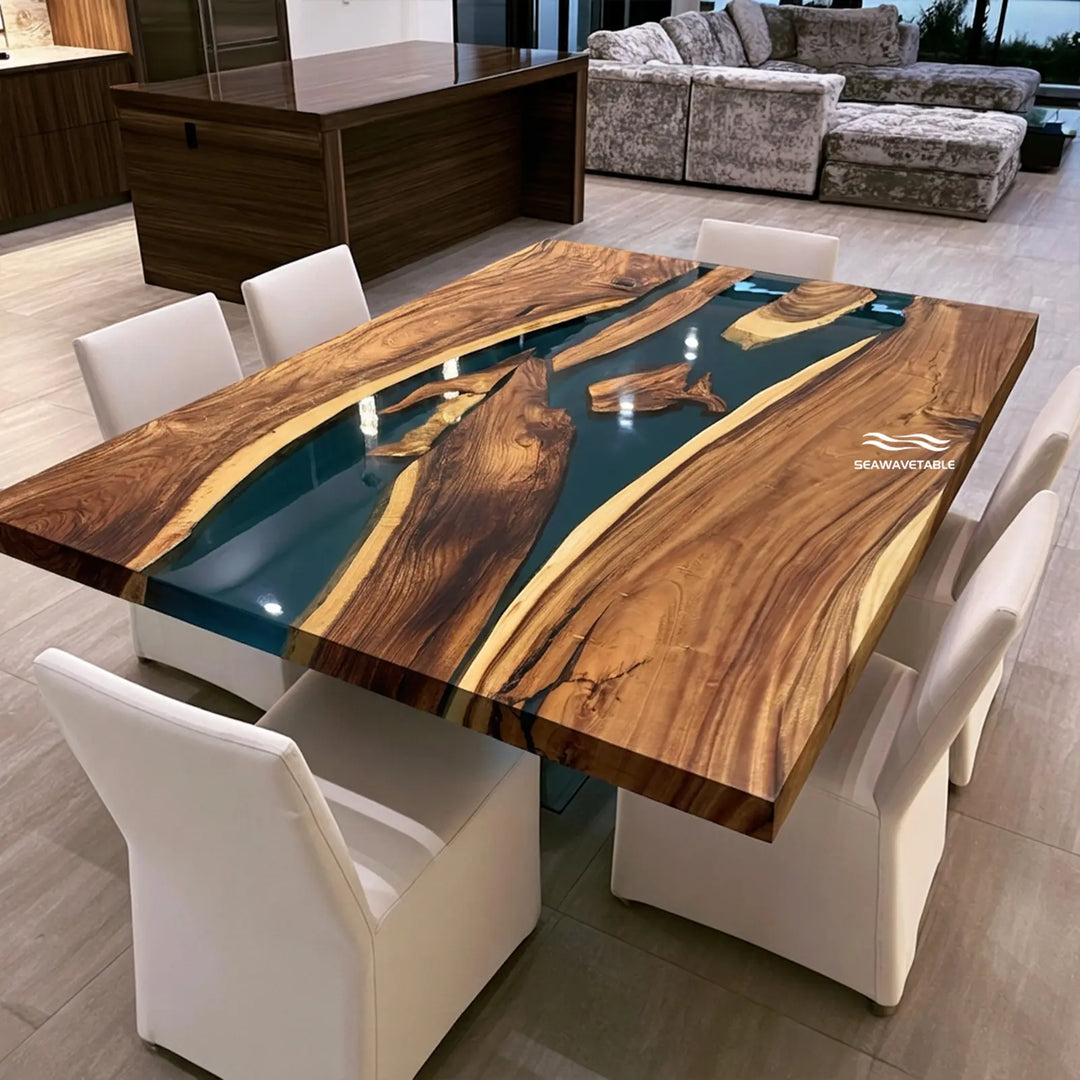 Seawavetable-60×90 inch large solid walnut dining table with winding deep blue epoxy river