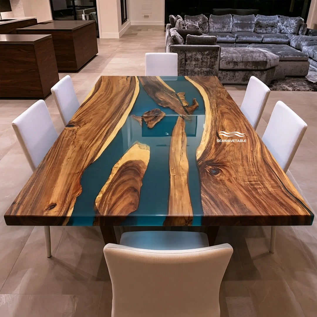 Seawavetable-Walnut straight edge epoxy river dining table deep blue resin matte wood glossy resin