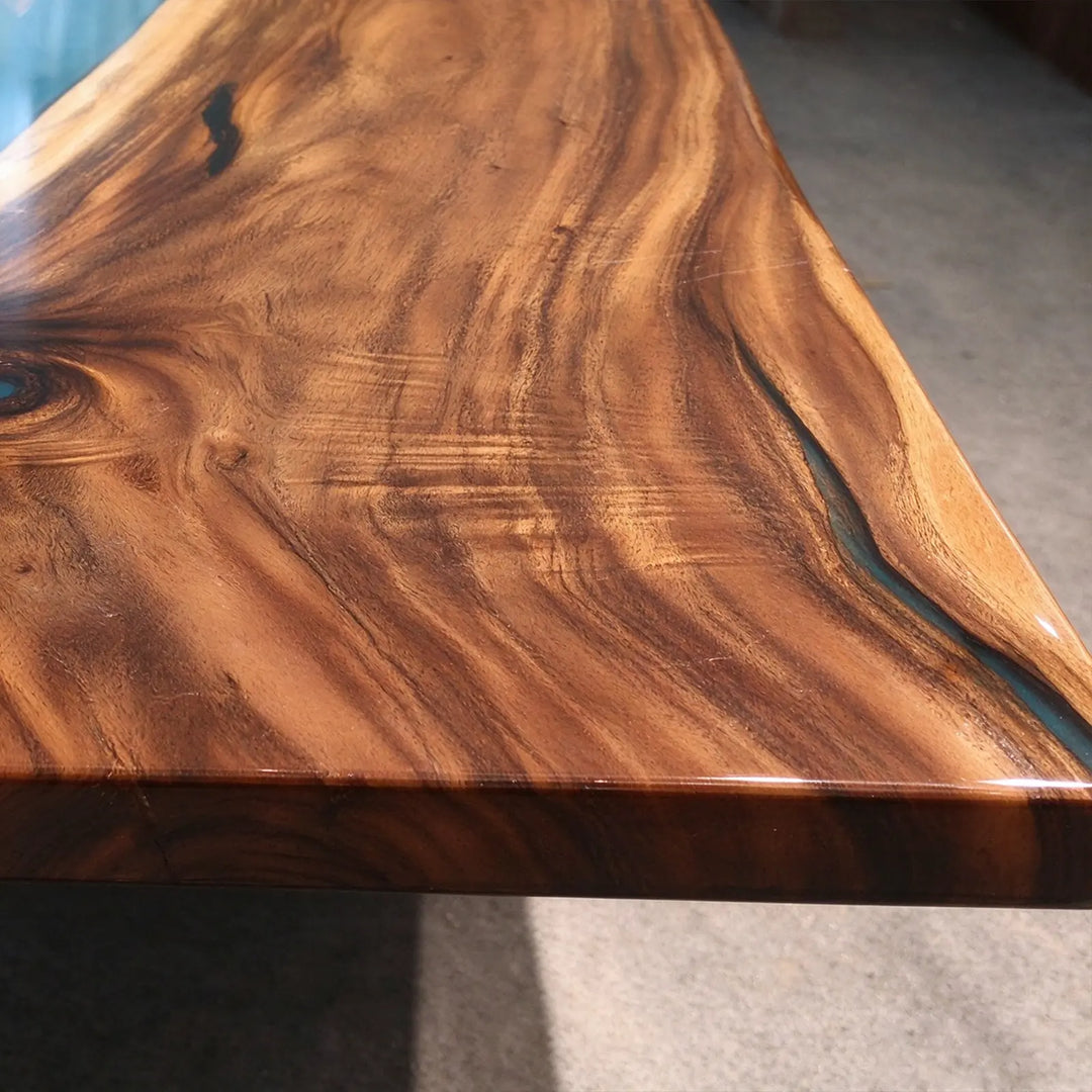 Seawavetable-2 inch thick walnut epoxy table matte timber texture and shiny blue resin surface