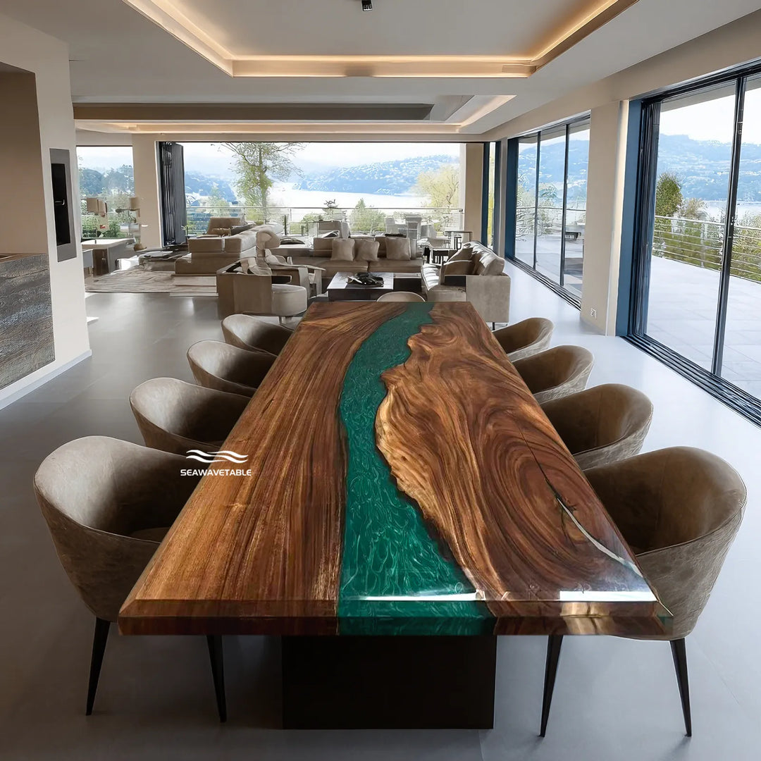 Seawavetable-modern-walnut-epoxy-river-dining-table-high-gloss-surface