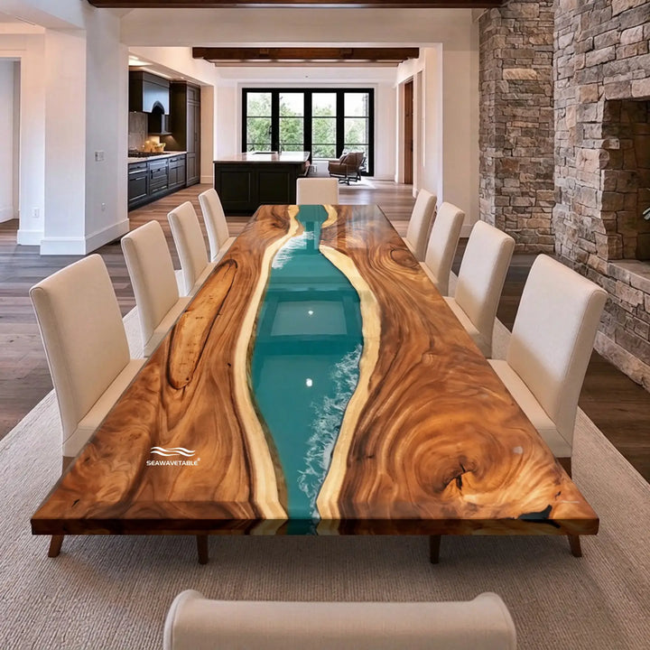 Seawavetable- walnut turquoise ocean wave epoxy river dining table beveled edge
