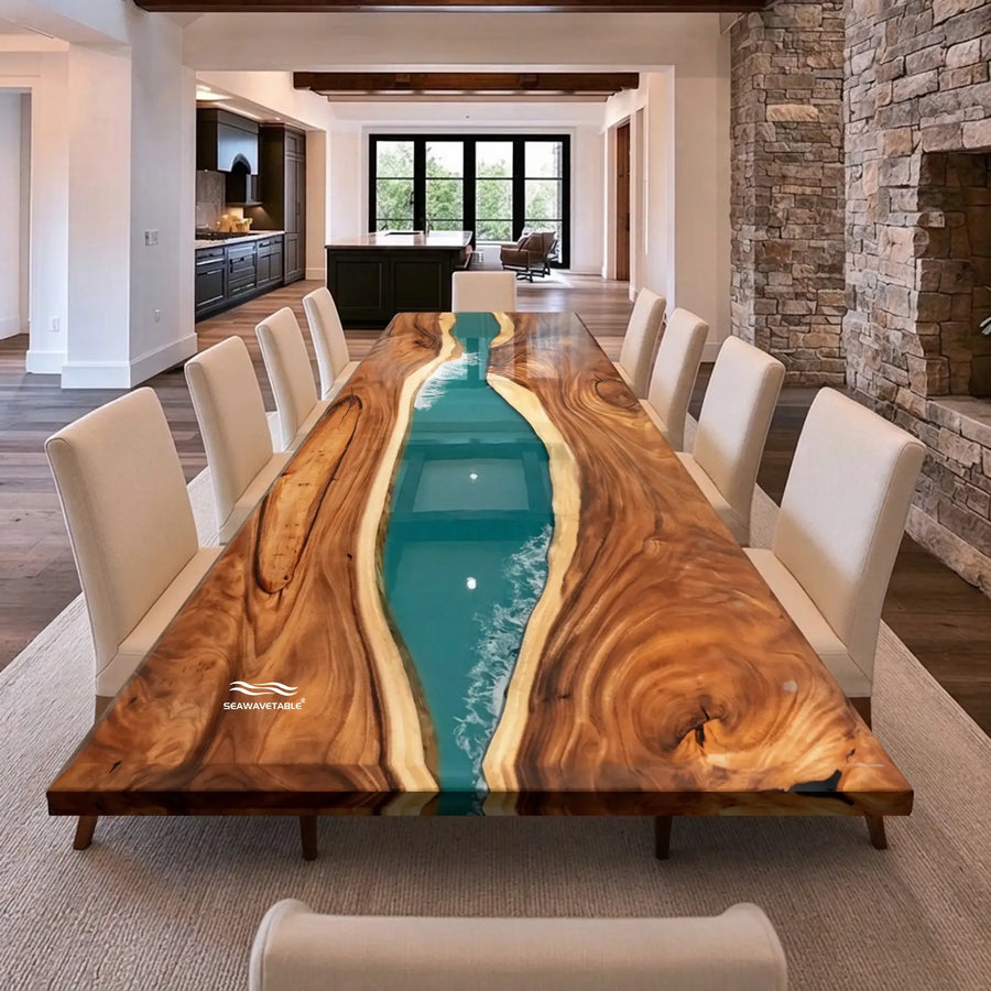 Seawavetable- walnut turquoise ocean wave epoxy river dining table beveled edge