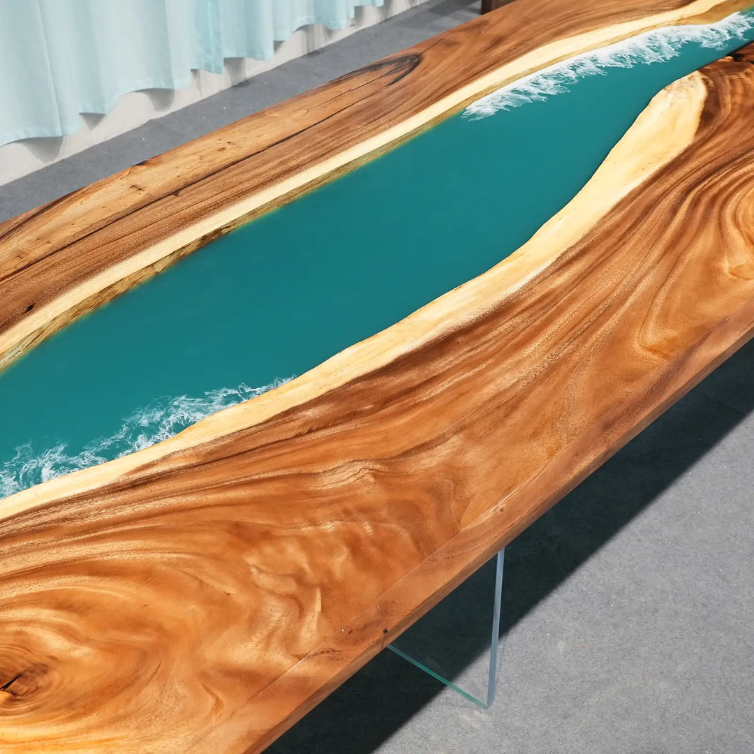 Seawavetable- bespoke solid walnut epoxy furniture with blue wave resin art