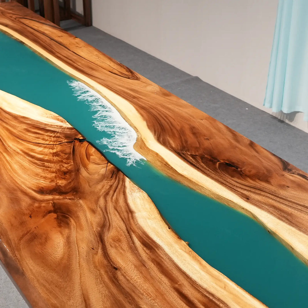 Seawavetable- modern coastal walnut river dining table full high gloss top
