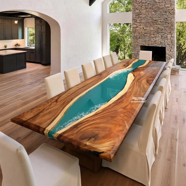 Seawavetable- high gloss lake blue wave resin river dining table solid walnut