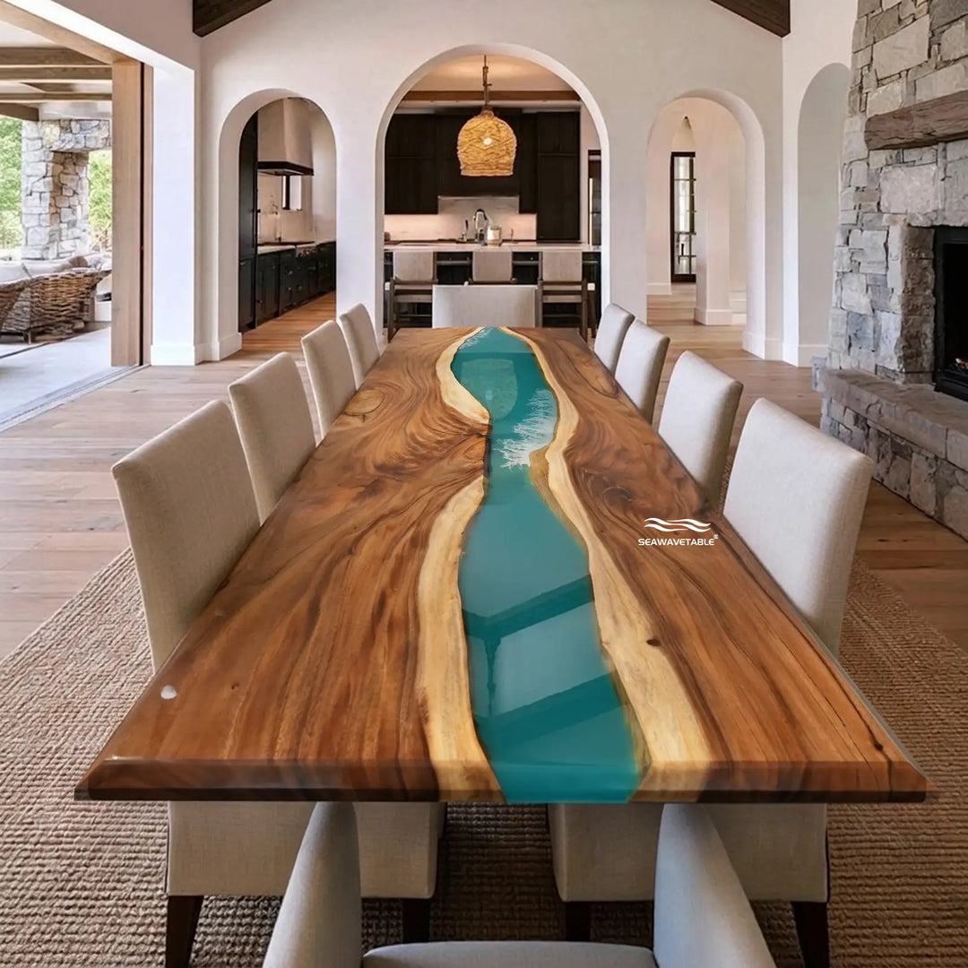 Seawavetable- custom handmade walnut epoxy dining table with surf wave detail