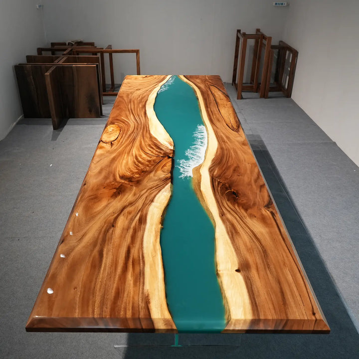 Seawavetable- luxury coastal style walnut turquoise resin statement table