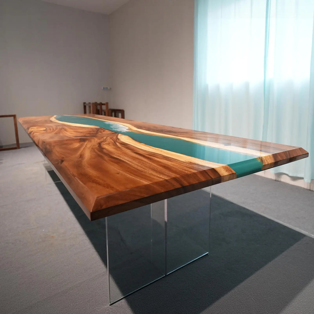 Seawavetable- beveled edge walnut slab turquoise epoxy dining table