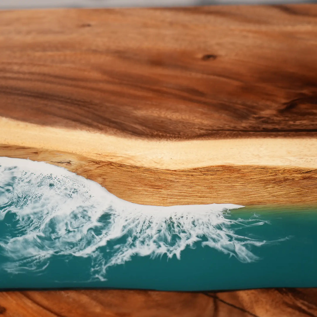 Seawavetable- high gloss reflective walnut ocean wave resin river table