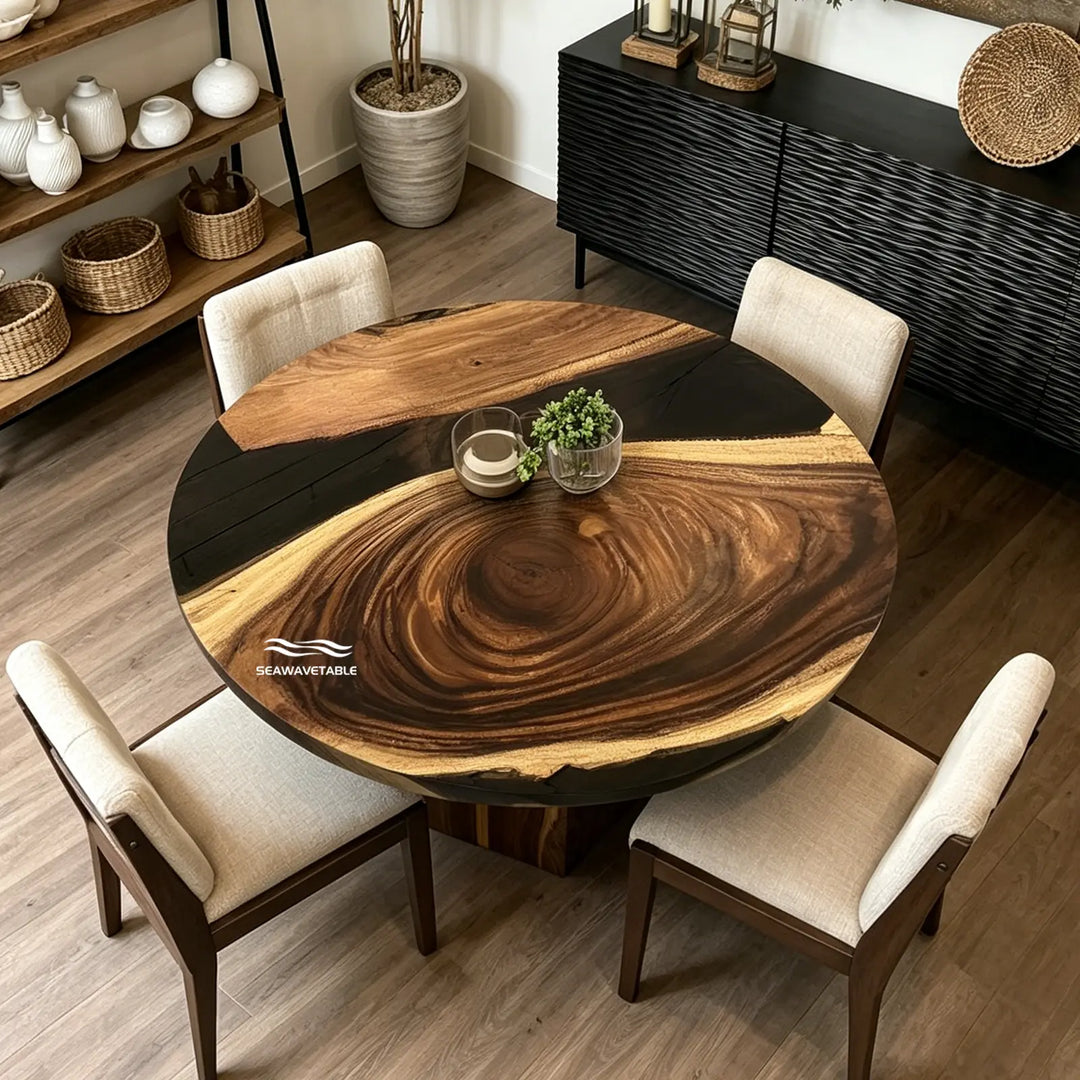 Seawavetable-table with four upholstered chairs in a styled dining room. The table features a prominent natural wood grain pattern with dark and light brown tones, and the brand name 'GIANAVAGABLE' is printed on the lower left.