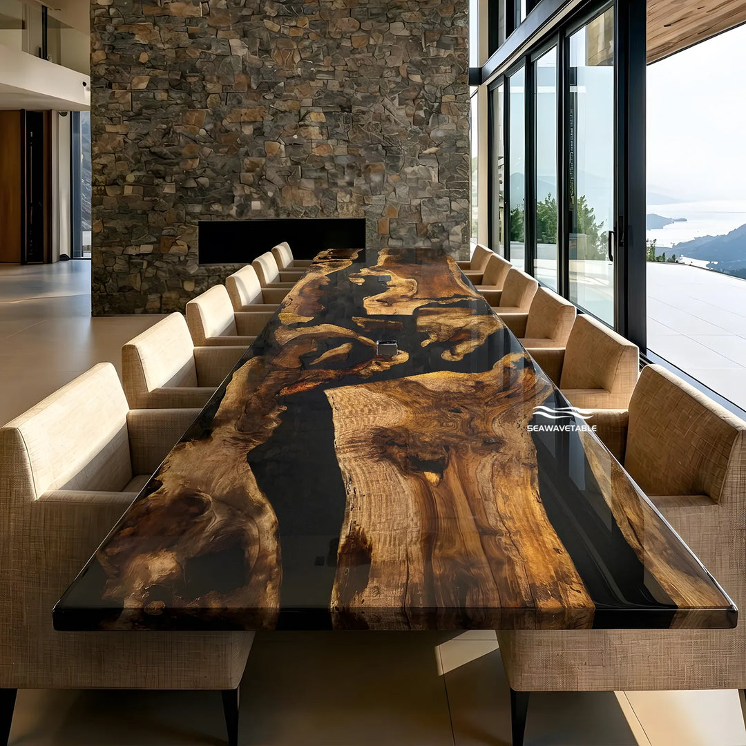 Live-edge wood conference table featuring a silky high-gloss dark brown finish that enhances the tactile warmth of the grain, complemented by soft beige upholstered chairs, positioned in a bright modern boardroom with windows framing a mountain landscape.