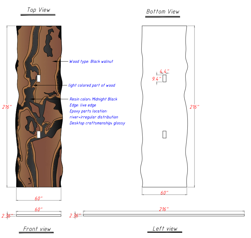 Technical dimension drawing of a black walnut desktop with top, bottom, front, and left views, showing measurements and labeled wood grain and resin color details.