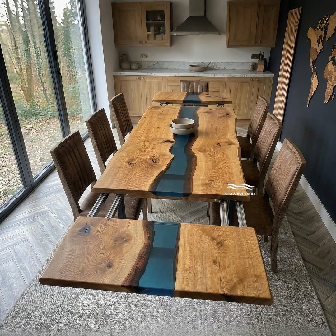 Seawavetable‑Custom handmade solid black walnut expandable dining table, transparent blue epoxy river, straight edge, high gloss resin, modern dining room full view