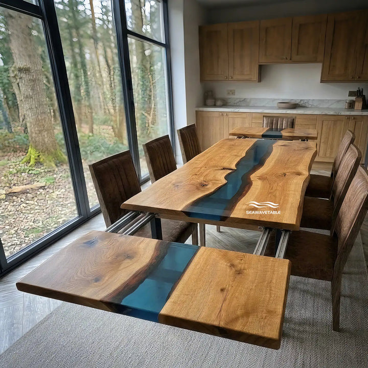 Seawavetable‑Black walnut epoxy table retracted position, fold‑out expandable dining table with seamless blue epoxy river, straight‑edge tabletop