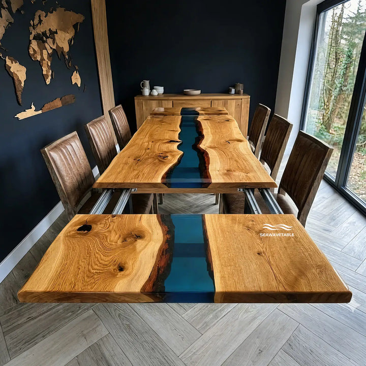 Seawavetable‑Fully extended expandable dining table, solid black walnut with continuous transparent blue epoxy river, matching extension leaves